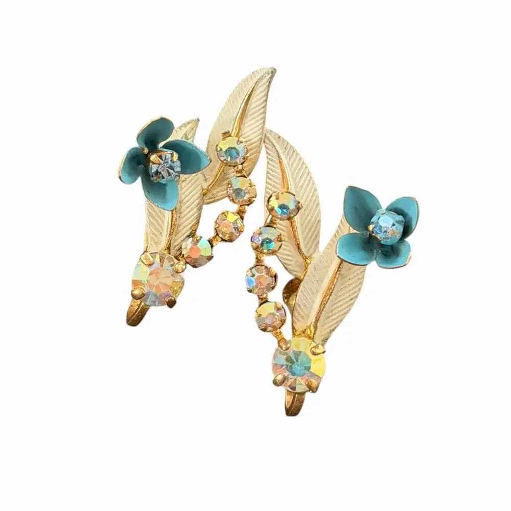 Vintage Austria AB Crystal Metal Floral & Leaf Painted Screw Back Earrings 50s